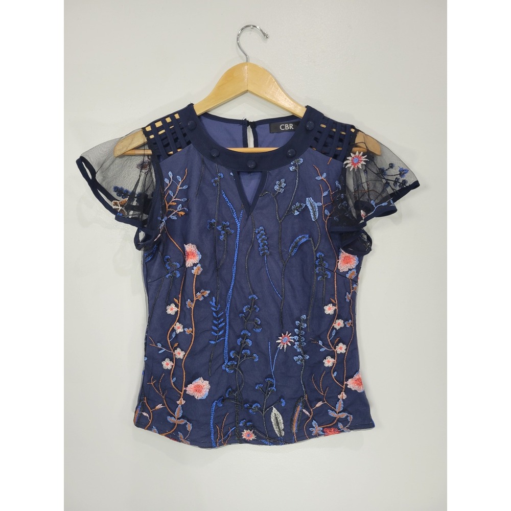 CBR Navy Blue Floral Embroidered Mesh Top Sheer Flutter Sleeve Small